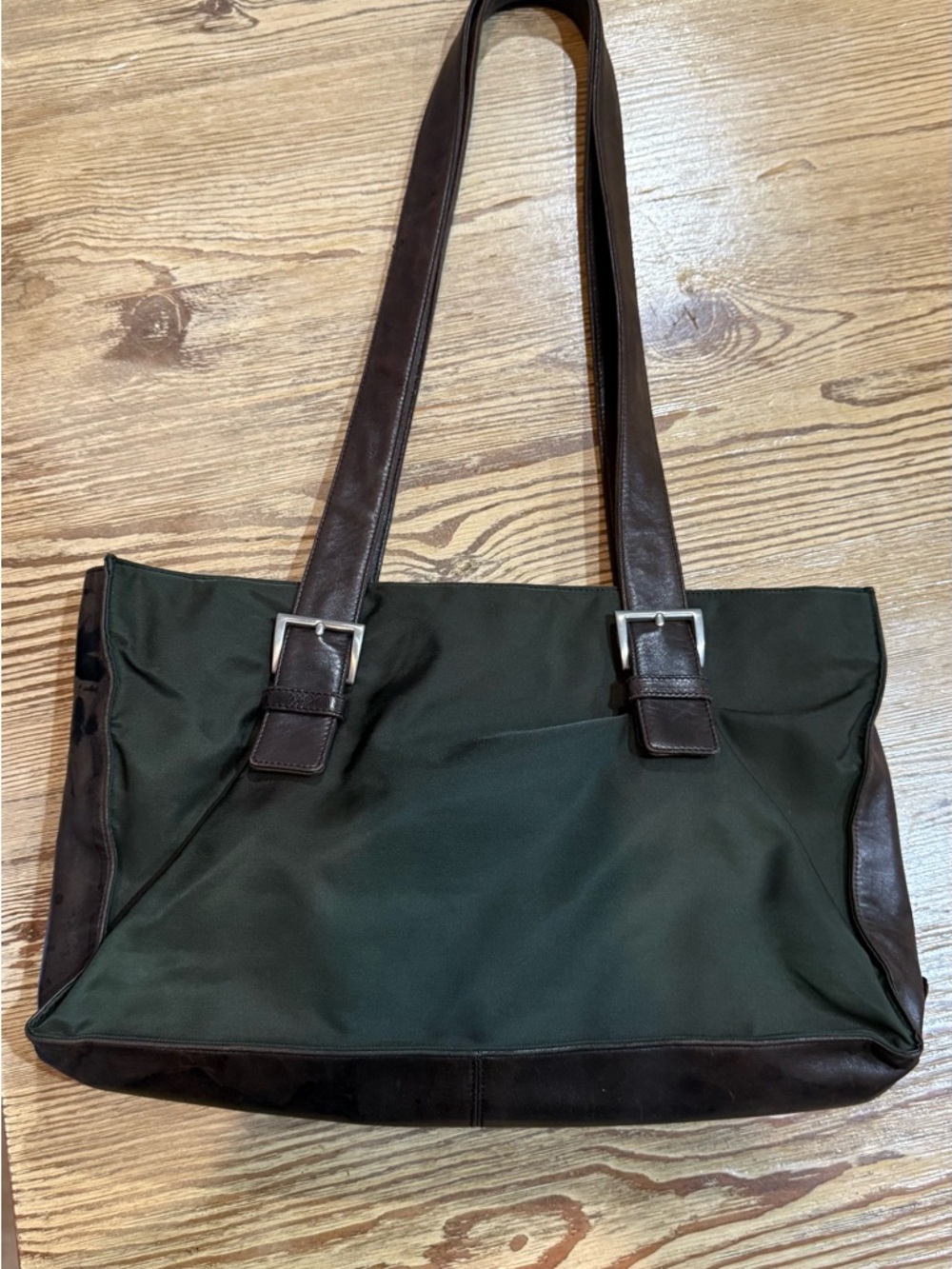 Prada Brown Leather-Trimmed Dark Green Tote
